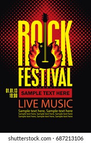 Vector billboard for Rock Festival live music with an electric guitar, fire and place for text