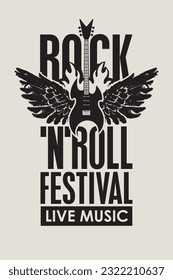 Vector billboard for Rock and roll Festival live music with an electric guitar, wings and fire