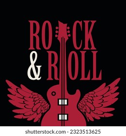 Vector billboard for Rock and roll Festival live music with red electric guitar and wings in black background