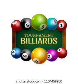 Vector Billiard challenge poster. 3d realistic balls on billiard table with lamp. Flyer design cover championship.