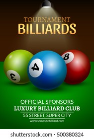 Vector Billiard challenge poster. 3d realistic balls on table with lamp. Flyer design cover championship.