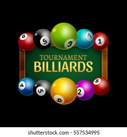 Vector Billiard challenge poster. 3d realistic balls on billiard table with lamp. Flyer design cover championship