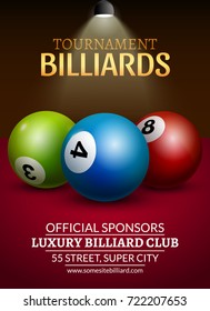 Vector Billiard challenge poster. 3d realistic balls on billiard table with lamp. Flyer design or poster cover.