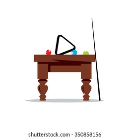 Vector Billiard Table Cartoon Illustration. Full Pool Table with Balls, and Cue Isolated on a White Background