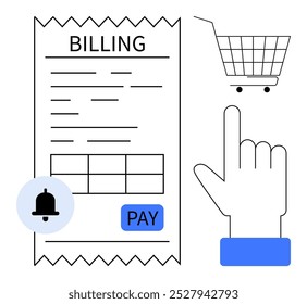 Vector of a billing receipt, notification bell, and finger tapping pay button next to a shopping cart. Ideal for e-commerce, online payments, shopping, notifications, and user interface design