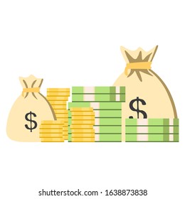 Vector of bills, money bag, gold, and cash stash on white background