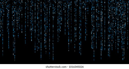 Vector binary code cyber background. Zero, one numbers. Data technology, information decryption and encryption computer backdrop. Binary numbers 1, 0. Big data concept, neon blue row matrix vector.