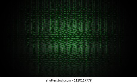 Vector binary code green background. Big data and programming hacking, deep decryption and encryption, computer streaming numbers 1,0. Coding or Hacker concept.