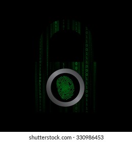 Vector : Binary number and finger print in lock on black background