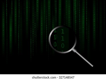 Vector : Binary number and magnifier on black background