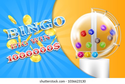 Vector Bingo Spielbanner mit realistischen goldenen Münzen, mit Lotteriemaschine und bunten Bälle darin. Lotto, Keno, Millionen Dollar Preis, großes Gewinnwerbeposter. Illustration des Gamingkonzepts