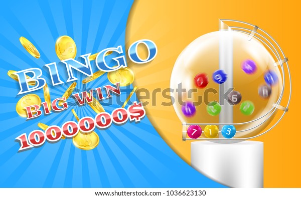 Vector bingo game banner with realistic\
golden coins, with lottery machine and colorful balls inside it.\
Lotto, keno, million dollars prize, big win advertising poster.\
Gambling concept\
illustration