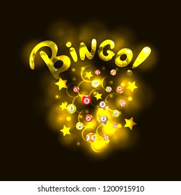Vector BINGO Lettering: Golden Realistic Letters and Shiny Lottery Balls, Stars and Circles, Background Template.