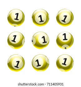 Vector Bingo / Lottery Number Balls Set Isolated on White Background- Yellow/Gold Theme Number 1