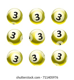 Vector Bingo / Lottery Number Balls Set Isolated on White Background- Yellow/Gold Theme Number 3