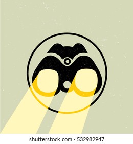 Vector binoculars, searching. Single binoculars icon & logo illustration. background dots. Light from lens