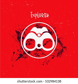 Vector binoculars, searching. Single binoculars icon & logo illustration. background splashes. inscription explorer