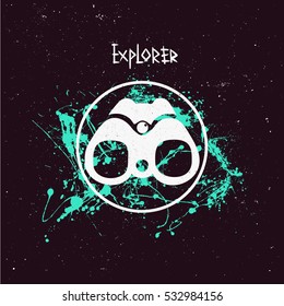 Vector binoculars, searching. Single binoculars icon & logo illustration. background splashes. inscription explorer