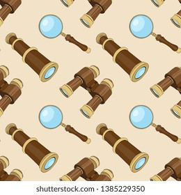 Vector Binoculars, Spyglass And Compass Seamless Pattern