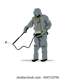 Vector Bio Hazard Protection Cartoon Illustration. Man In Protective Suit And Gas Mask With Radiation Dosimeter. Unusual Logo Template Isolated On A White Background