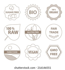 Vector bio and healthy food labels in a simple line style.