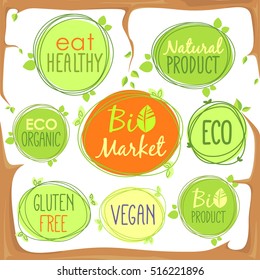 Vector bio icon set in tree branches of labels, stamps or stickers with signs - Bio market, gluten free, organic product, vegan, food healthy, eat healthy, organic, bio product, nature, Eco food