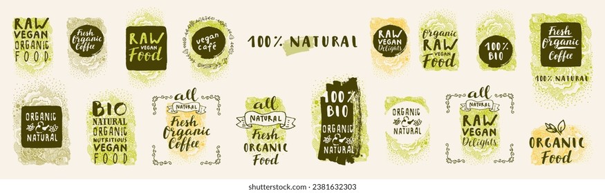 Vector Bio Organic icons. Vegan Food labels. Fresh Natural Coffee, Raw Delights tags. Handdrawn restaurant, cafe, bakery menu labels, badges, stickers, logos, banners, posters. Doodle vegan background