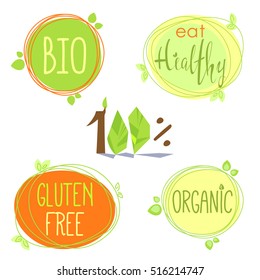 Vector bio set of organic labels, vegan healthy food signs, bio logos, vegetarian food badges, stamps and stickers for design of organic cafe, restaurants, products packaging