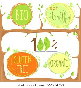 Vector bio set of organic labels, vegan healthy food signs, bio logos, vegetarian food badges, stamps and stickers for design of organic cafe, restaurants, products packaging