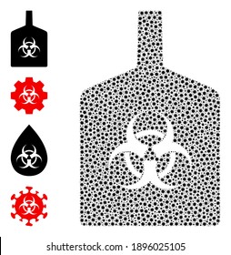 Vector biohazard bottle icon covid-2019 mosaic. Biohazard bottle mosaic is organized of tiny covid pathogen parts. Image is done for doctor illustrations.