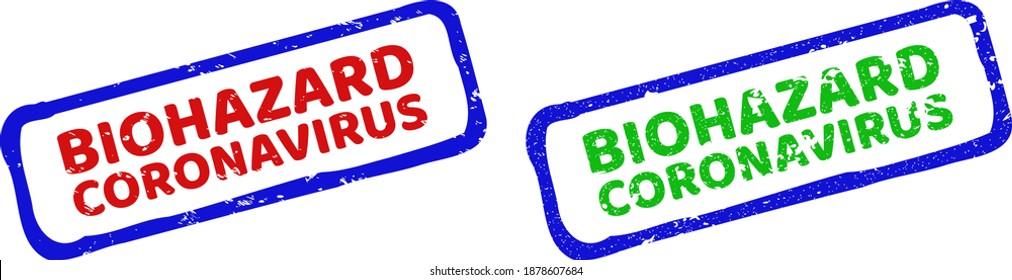 Vector BIOHAZARD CORONAVIRUS enmarcado marcas de agua con textura de socorro. Sellos de sello rectangulares rígidos bicolor. Colores rojos, azules y verdes.