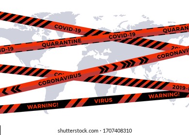 Vector biohazard danger red black tape on white world map background. Safety fencing ribbon. World quarantine flu. Warning danger influenza hazard. Global pandemic coronavirus COVID-19