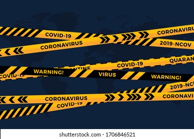 Vector biohazard danger yellow black tape on white paper cut world map background. Safety fencing ribbon. World quarantine flu. Warning danger influenza hazard. Global pandemic coronavirus COVID-19