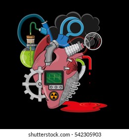 Vector biomechanical heart with gears, bulb, pressure gauge and an oscilloscope that runs on radioactive fuel