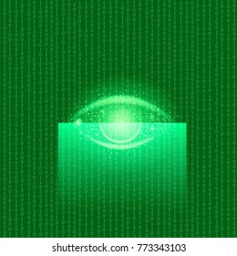 Vector Biometric Identification System for Eyes. Iris Verification Person on Green Technological Background. Face Recognition Icon. Human Digital Identity