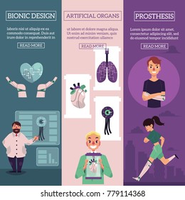 Vector bionic organs in modern medicine conceptual infographic posters with space for text illustration. Modern technologies in prosthetics, making robotic internal organs and bioprinting design.