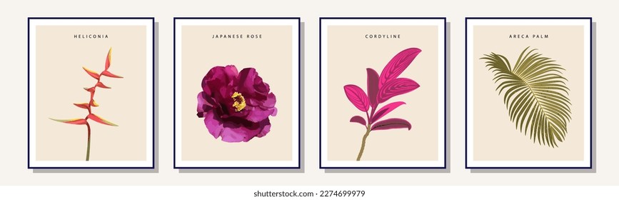 Vector biophilic wall art room decor printable canvases. Stylish artistic vibrant tropic summer botanical leaf flower posters. Tropical summer biophilia home wall decor prints