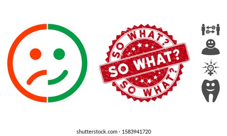 Vector bipolar emotion icon and rubber round stamp seal with So What? caption. Flat bipolar emotion icon is isolated on a white background. So What? stamp seal uses red color and distress design.