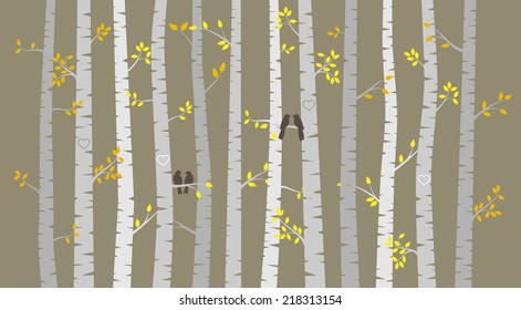 Vector Birch or Aspen Trees with Autumn Leaves and Love Birds svg
