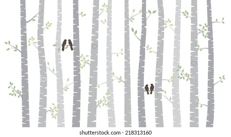 Vector Birch or Aspen Trees with Autumn Leaves and Love Birds svg
