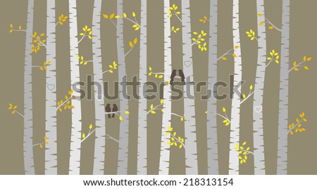 Vector Birch or Aspen Trees with Autumn Leaves and Love Birds
