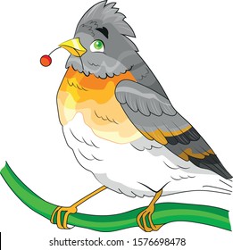 vector bird Brambling with a red berry