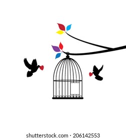 vector bird cage open with doves with red hearts in the tree branch