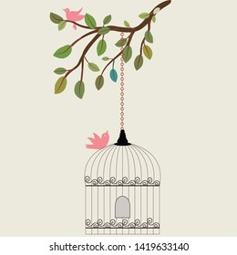 Vector bird cage. Bird cage vintage. Wedding invitation. Save the date. Bird cage illustration. Clip art floral. Vector leaves. 