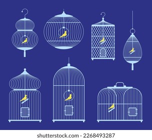 Vector bird cages set with birds inside. Cage silhouettes of different types square, rectangle, arch and round with birds inside isolated