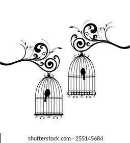 vector bird cages in the tree branches with swirls