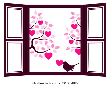 vector bird carrying heart in the window and heart trees outside the window