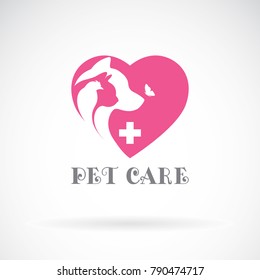 Vector of bird, cat, dog and butterfly in pink heart shape on white background. Veterinary icon with pet. Pet Care. Banners Animal. Easy editable layered vector illustration.