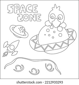 Vector bird character  in the space with planet and rocket isolated on white background Childish design for kids activity colouring book or page.