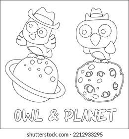Vektorvogelcharakter im Raum mit Planet und Rakete einzeln auf weißem Hintergrund Kinderdesign für Kinder Aktivität Farbbuch oder Seite.